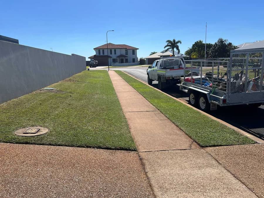 A ute and caged trailer parked at the kerb beside a freshly mown verge