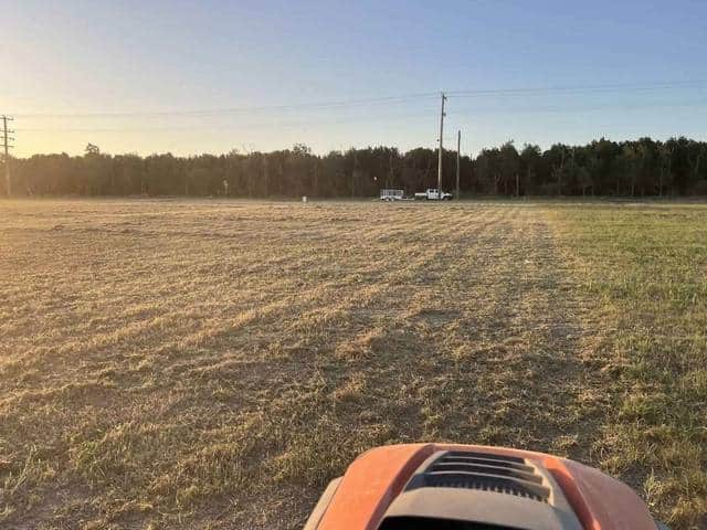 Long grass ahead of a mower cutting across a large open block